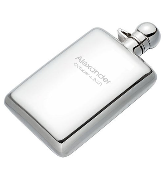 sterling silver flask that says "alexander, october 4, 2021" against a white background