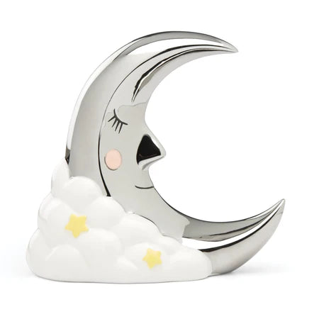 crescent moon-shaped piggy bank with a smiling face resting against a cloud against a white background 