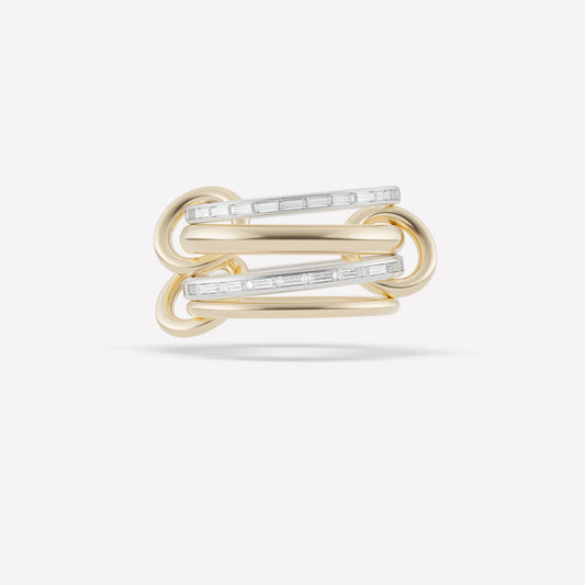 Ring stack with two yellow gold rings and two emerald-cut diamond rings held together by smaller yellow gold rings and set against a white background