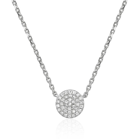 round white gold diamond necklace with a chainlink chain against a white background