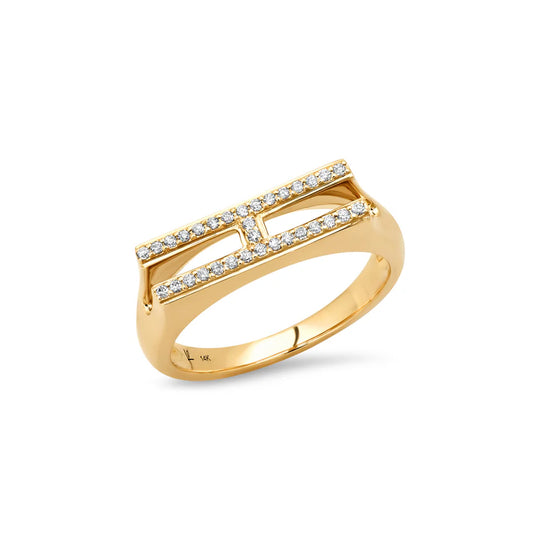 yellow gold and diamond ring shaped like an "H" against a white background