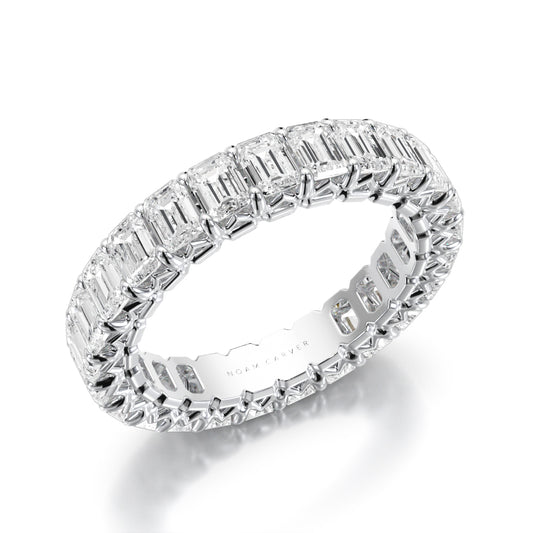 Noam Carver Platinum Eternity Wedding Band with 25 Emerald Cut Diamonds against a white background