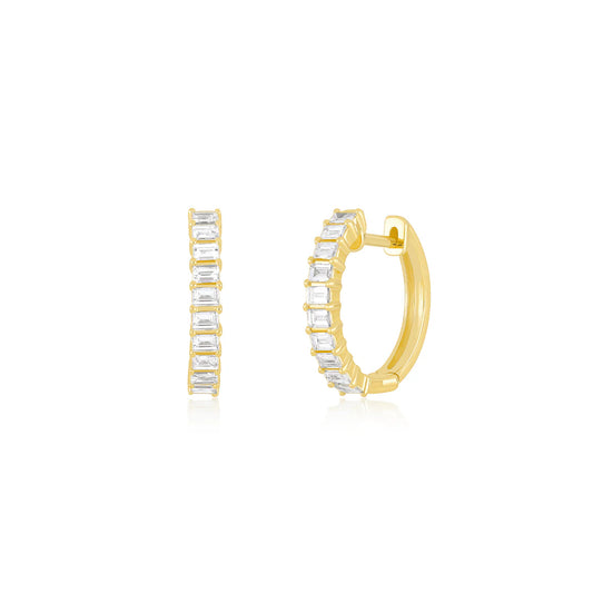 yellow gold Diamond Baguette Hoop Earrings against a white background