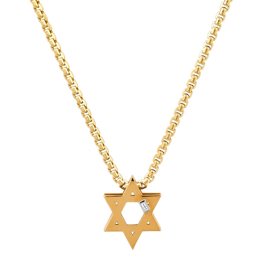 yellow gold star of david necklace with chainlink chain against a white background
