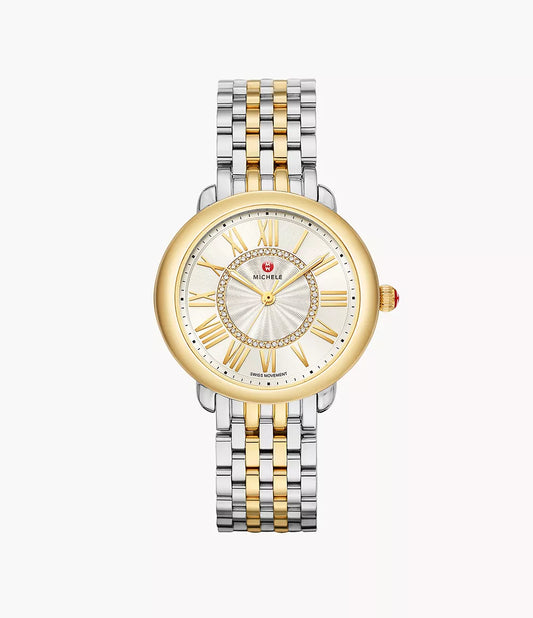 Two-Tone yellow gold, silver, and Diamond Dial Watch against a white background