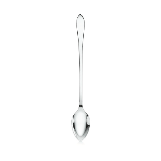Silver spoon facing down against a white background