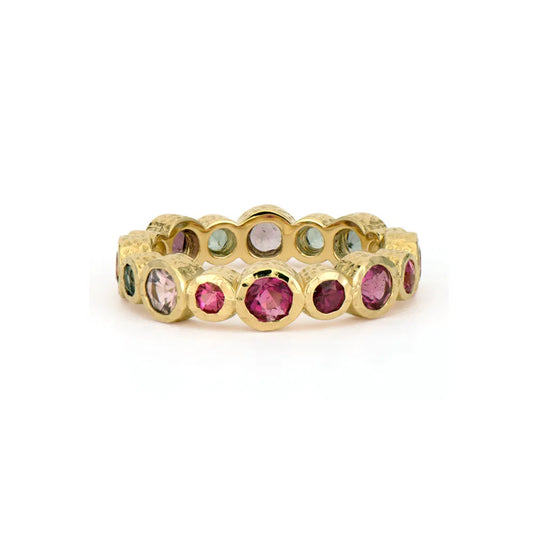 yellow gold Bezel Set Mixed Tourmaline wedding band against a white background