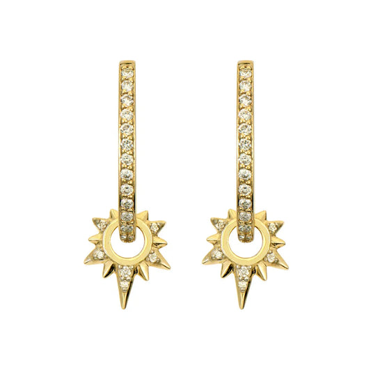 Yellow gold Love Explosion Starburst Charms against a white background