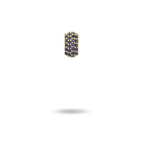 Rectangular hexagon bead charm in yellow gold with sapphires against a white background