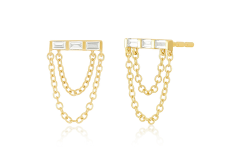 14K Gold Diamond Baguette Double Chain Stud Earrings