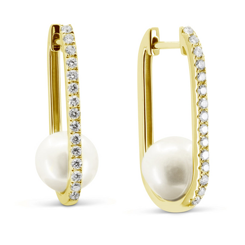 14K Yellow Gold Oval Diamond Hoop with Pearl Earrings