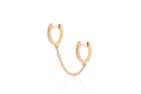 14K Gold Diamond Double Huggie Chain Earrings
